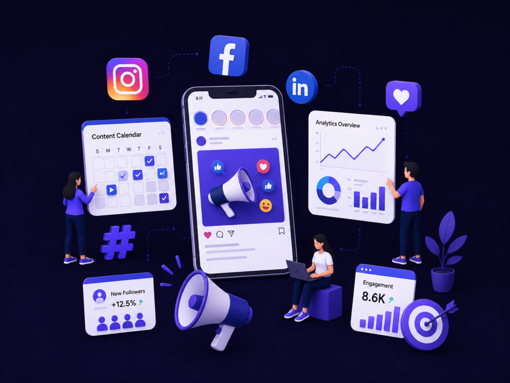 Social Media Marketing Services including Instagram, Facebook, LinkedIn content strategy, analytics, and business growth.