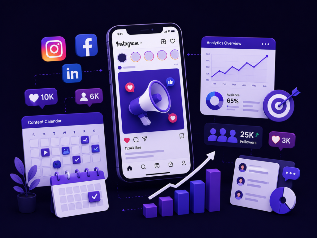 Social media marketing illustration showing Instagram, Facebook, LinkedIn, content planning, analytics dashboard, audience engagement, and business growth.